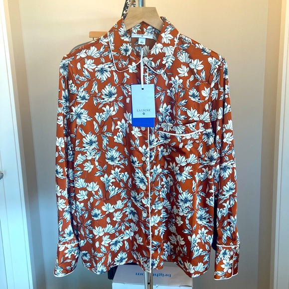 2X 🔖 LA LIGNNE x Target SOLD OUT Women's Floral Button Front Blouse Brown Silky - Picture 4 of 17
